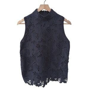 Ann Taylor Lace Front Sleeveless Top Small Navy Blue Mock Neck Scalloped Hem